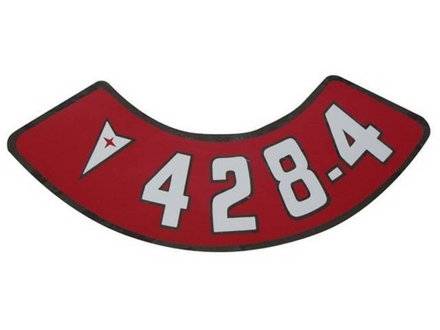 DECAL, Air Cleaner, Aftermarket, rounded red background, *428-4* in white w/ Pontiac *Arrowhead*, repro