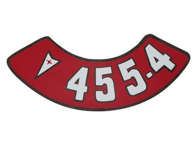 DECAL, Air Cleaner, Aftermarket, rounded red background, *455-4* in white w/ Pontiac *Arrowhead*, repro