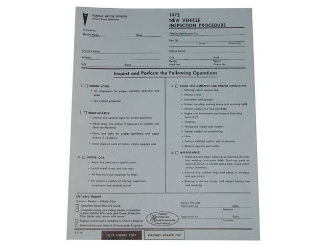 SHEET, New Car Vehicle Inspection, *S-7210*, repro
