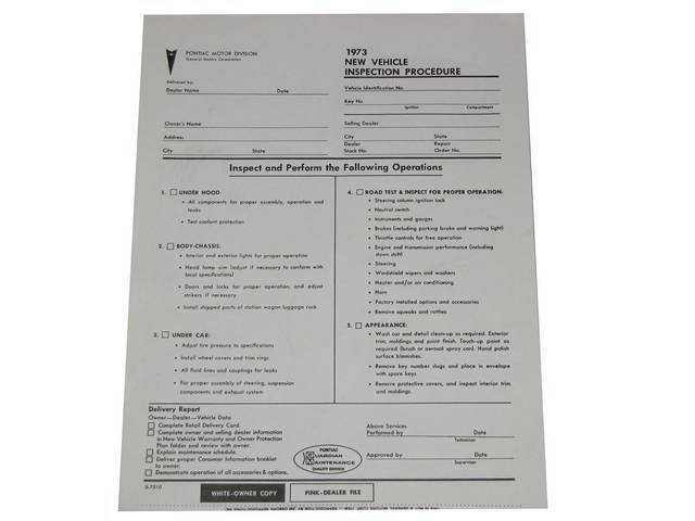 SHEET, New Car Vehicle Inspection, *S-7310*, repro