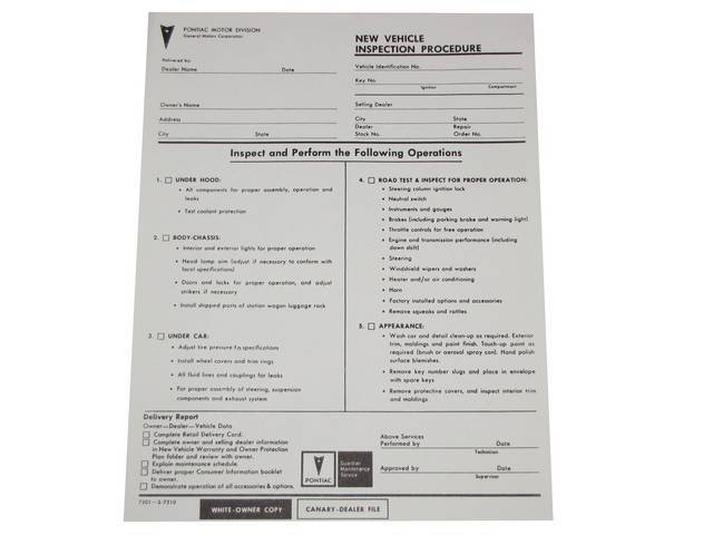 SHEET, New Car Vehicle Inspection, *S-7510*, repro