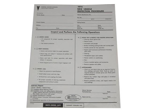 SHEET, New Car Vehicle Inspection, *S-7410*, repro