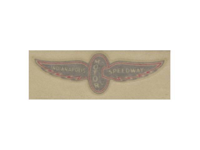 DECAL, Deck Lid Spoiler, *INDY WINGED WHEEL*, 3 inch length between wing tips, 3-shades, Charcoal / Red, Repro