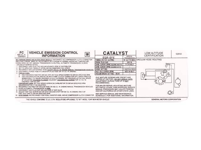 DECAL, Vehicle Emission Control Information, *FC* and *528103*, repro