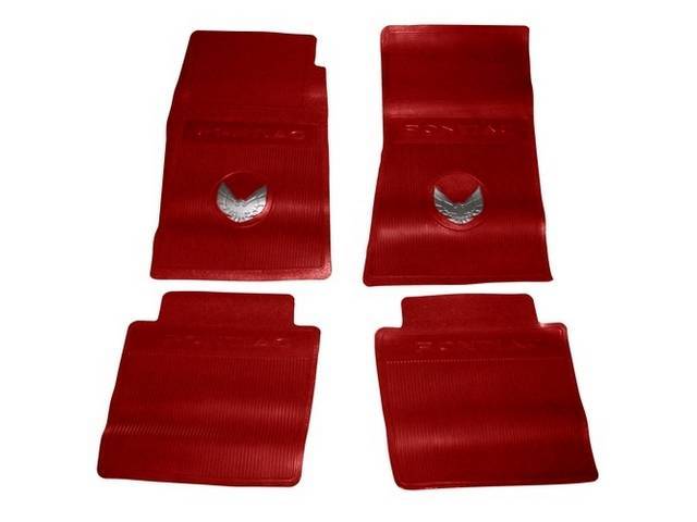 FLOOR MATS, Red, OE Style W/ correct features incl the *Pontiac* in the top center of front and rear mats and molded Firebird Crest in front mats, Repro, (4)