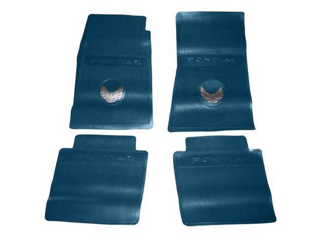 FLOOR MATS, Blue, OE Style W/ correct features incl the *Pontiac* in the top center of front and rear mats and molded Firebird Crest in front mats, Repro, (4)
