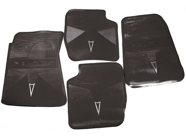 FLOOR MATS, Black, OE Style w/ correct features incl a silver embossed *Arrowhead* emblem w/ *PONTIAC* lettering on the front and rear mats, (4), repro