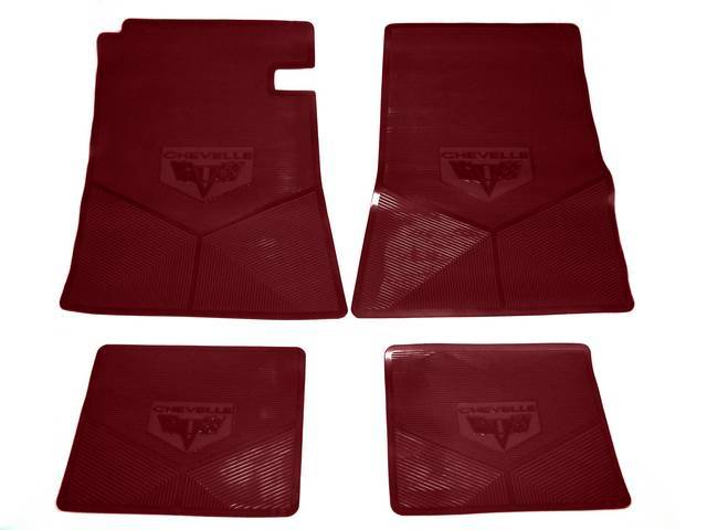 FLOOR MAT SET, Rubber Custom Logo, features the *CHEVELLE* and cross flag logos w/ Sure-Grip backing, Medium Red, Legendary Auto Interior, (4), vintage style repro