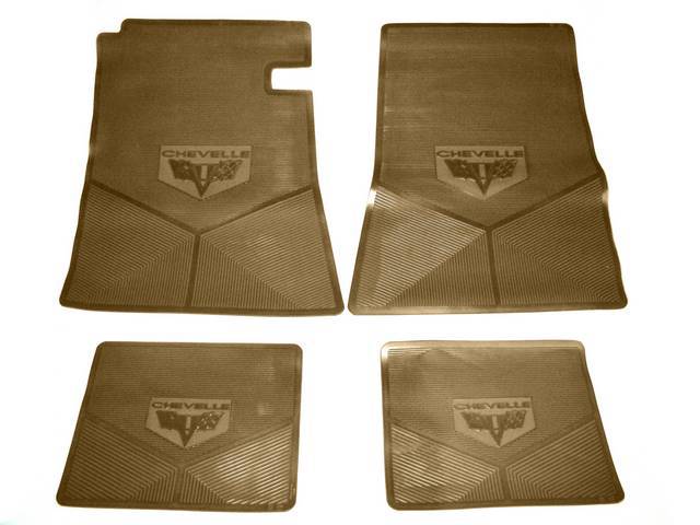 FLOOR MAT SET, Rubber Custom Logo, features the *CHEVELLE* and cross flag logos w/ Sure-Grip backing, Tan, Legendary Auto Interior, (4), vintage style repro