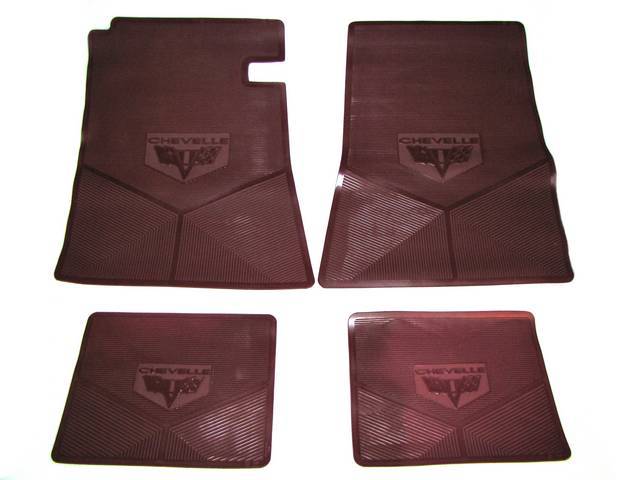 FLOOR MAT SET, Rubber Custom Logo, features the *CHEVELLE* and cross flag logos w/ Sure-Grip backing, Maroon, Legendary Auto Interior, (4), vintage style repro