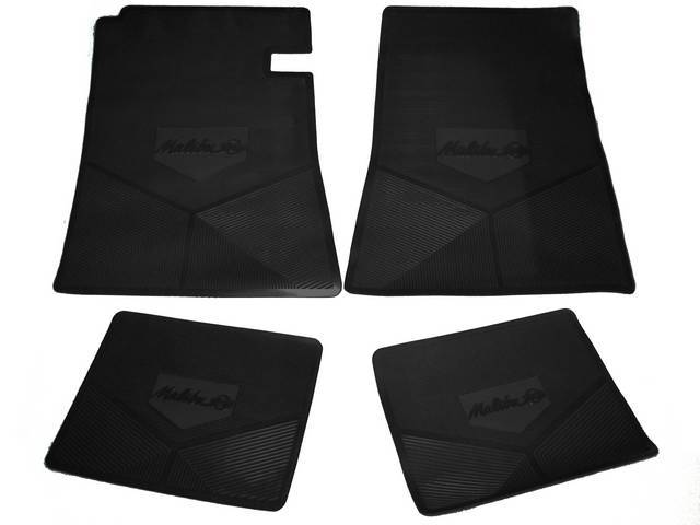 FLOOR MAT SET, Rubber Custom Logo, features the *MALIBU SS* logo and Sure-Grip backing, Black, Legendary Auto Interior, (4), vintage style repro