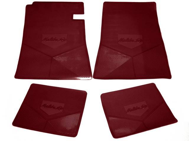 FLOOR MAT SET, Rubber Custom Logo, features the *MALIBU SS* logo and Sure-Grip backing, Medium Red, Legendary Auto Interior, (4), vintage style repro
