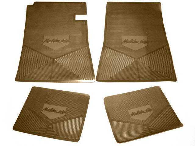FLOOR MAT SET, Rubber Custom Logo, features the *MALIBU SS* logo and Sure-Grip backing, Tan, Legendary Auto Interior, (4), vintage style repro