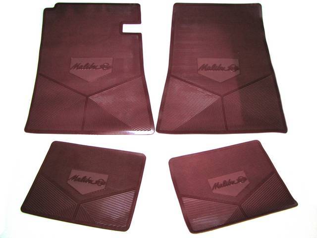 FLOOR MAT SET, Rubber Custom Logo, features the *MALIBU SS* logo and Sure-Grip backing, Maroon, Legendary Auto Interior, (4), vintage style repro