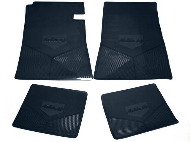 FLOOR MAT SET, Rubber Custom Logo, features the *MALIBU SS* logo and Sure-Grip backing, Dark Blue, Legendary Auto Interior, (4), vintage style repro