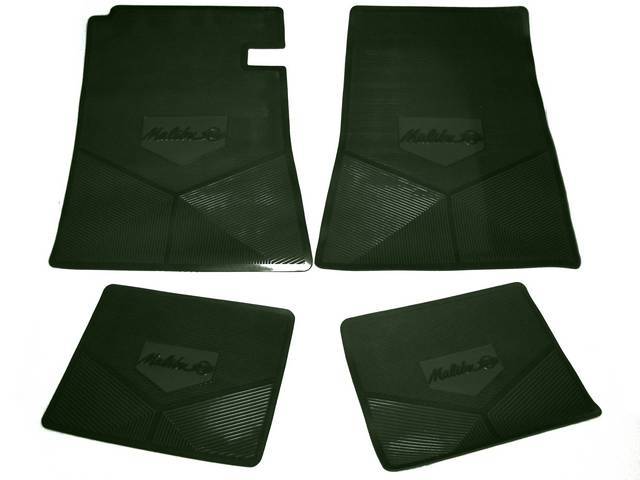 FLOOR MAT SET, Rubber Custom Logo, features the *MALIBU SS* logo and Sure-Grip backing, Dark Green, Legendary Auto Interior, (4), vintage style repro
