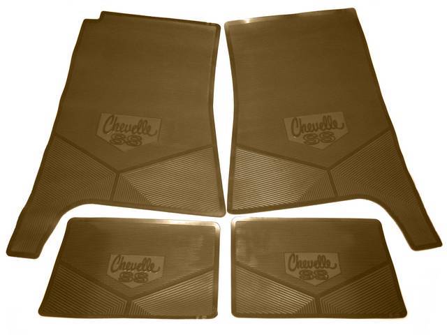 FLOOR MAT SET, Rubber Custom Logo, features the *CHEVELLE SS* logo and Sure-Grip backing, Tan, Legendary Auto Interior, (4), vintage style repro