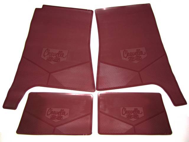 FLOOR MAT SET, Rubber Custom Logo, features the *CHEVELLE SS* logo and Sure-Grip backing, Maroon, Legendary Auto Interior, (4), vintage style repro