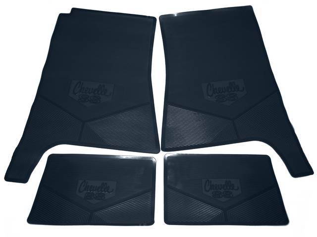 FLOOR MAT SET, Rubber Custom Logo, features the *CHEVELLE SS* logo and Sure-Grip backing, Dark Blue, Legendary Auto Interior, (4), vintage style repro