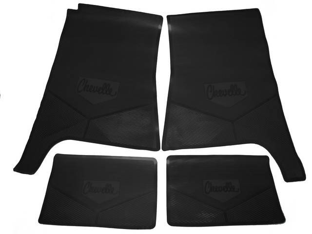 FLOOR MAT SET, Rubber Custom Logo, features the *CHEVELLE* logo and Sure-Grip backing, Black, Legendary Auto Interior, (4), vintage style repro
