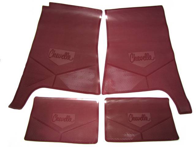 FLOOR MAT SET, Rubber Custom Logo, features the *CHEVELLE* logo and Sure-Grip backing, Maroon, Legendary Auto Interior, (4), vintage style repro