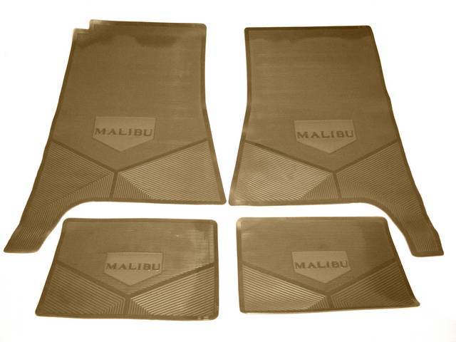 FLOOR MAT SET, Rubber Custom Logo, features the *MALIBU* block letter logo and Sure-Grip backing, Tan, Legendary Auto Interior, (4), vintage style repro
