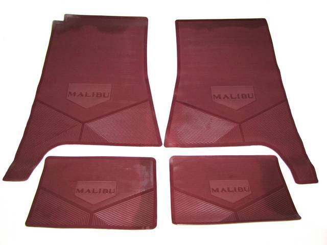 FLOOR MAT SET, Rubber Custom Logo, features the *MALIBU* block letter logo and Sure-Grip backing, Maroon, Legendary Auto Interior, (4), vintage style repro