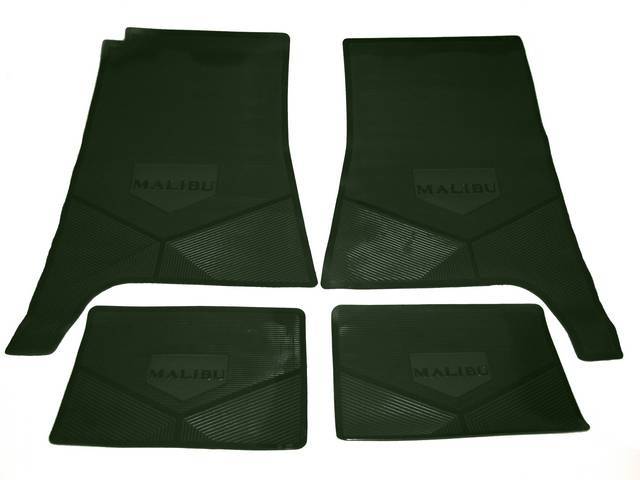 FLOOR MAT SET, Rubber Custom Logo, features the *MALIBU* block letter logo and Sure-Grip backing, Dark Green, Legendary Auto Interior, (4), vintage style repro