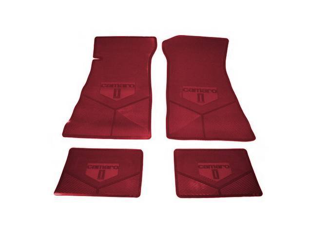 FLOOR MAT SET, Rubber Custom Logo, features the *CAMARO* logo and Sure-Grip backing, Maroon, Legendary Auto Interior, (4), vintage style repro