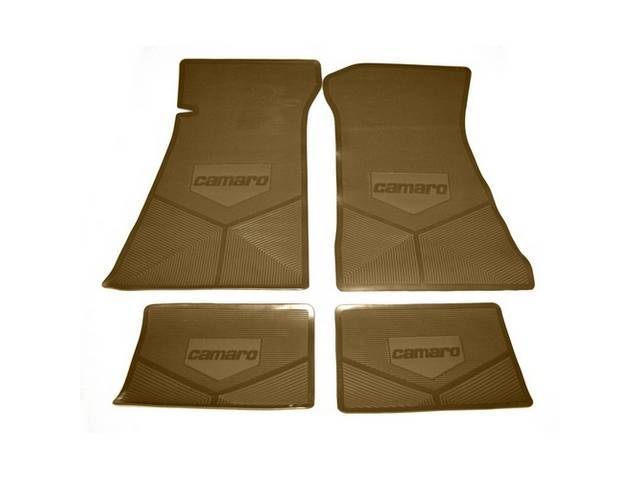 FLOOR MAT SET, Rubber Custom Logo, features the *CAMARO* logo and Sure-Grip backing, Tan, Legendary Auto Interior, (4), vintage style repro