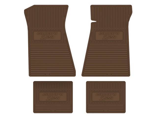 Custom Vintage Logo Floor Mat Set, features the *Camaro Z28* logo, Dark Saddle, 4-pc set