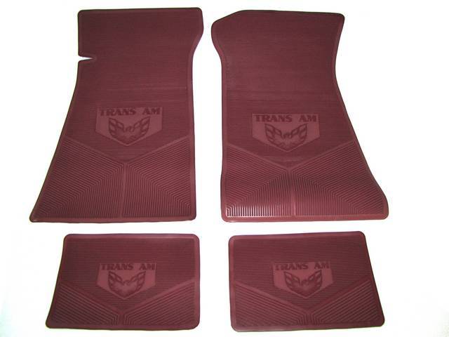FLOOR MAT SET, Rubber Custom Logo, features the *TRANS AM* logo w/ *bird* emblem and Sure-Grip backing, Maroon, Legendary Auto Interior, (4), vintage style repro