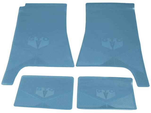 FLOOR MAT SET, Rubber Custom Logo, features the *GTO* emblem and Sure-Grip backing, light blue (matches our *D* code carpet), Legendary Auto Interior, (4), vintage style repro