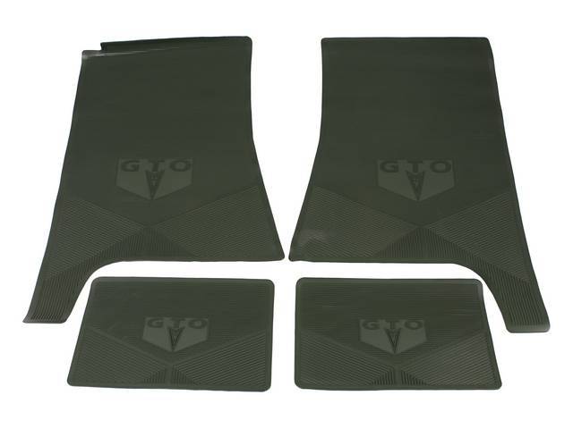FLOOR MAT SET, Rubber Custom Logo, features the *GTO* logo and Sure-Grip backing, dark green (matches our *J* code carpet), Legendary Auto Interior, (4), vintage style repro