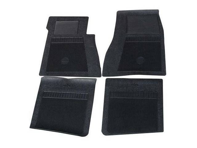 FLOOR MATS, Rubber, OE Style Bow Tie, Black, (4) Die Cut To Fit Original Floorpan Contours, Incl Embossed Bow Tie Logo and OE Style Carpet Grips, Repro  ** Designed to fit full size car and truck models, but mats come w/ cut-out patterns / instruction she