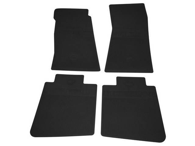 FLOOR MATS, Rubber, OE Style Bow Tie, Black, (4) Die Cut To Fit Original Floorpan Contours, Incl Embossed Bow Tie Logo and OE Style Carpet Grips, OER reproduction