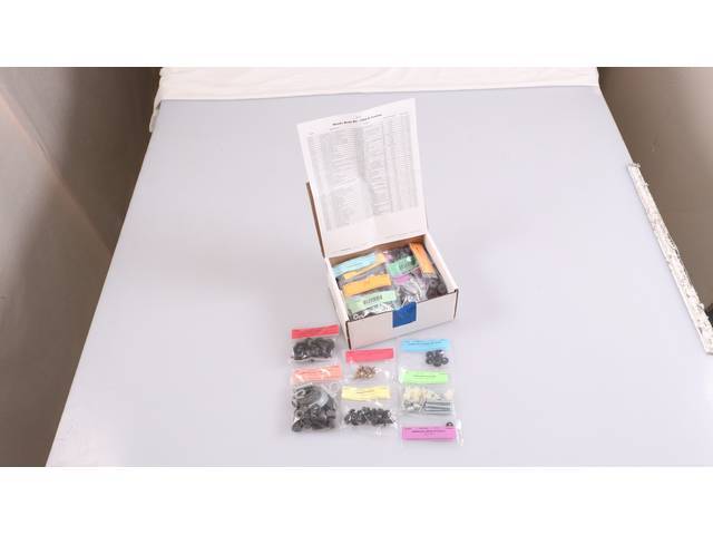 HARDWARE KIT, Master Body, correct fasteners to assemble vehicle sheetmetal in one kit at a discount over purchasing individual smaller kits, (502) incl OE style fasteners w/ correct color and markings