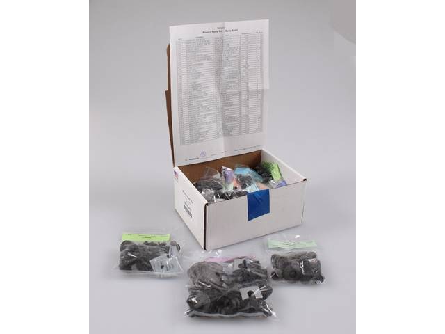 HARDWARE KIT, Master Body, correct fasteners to assemble vehicle sheetmetal in one kit at a discount over purchasing individual smaller kits, (449) incl OE style fasteners w/ correct color and markings