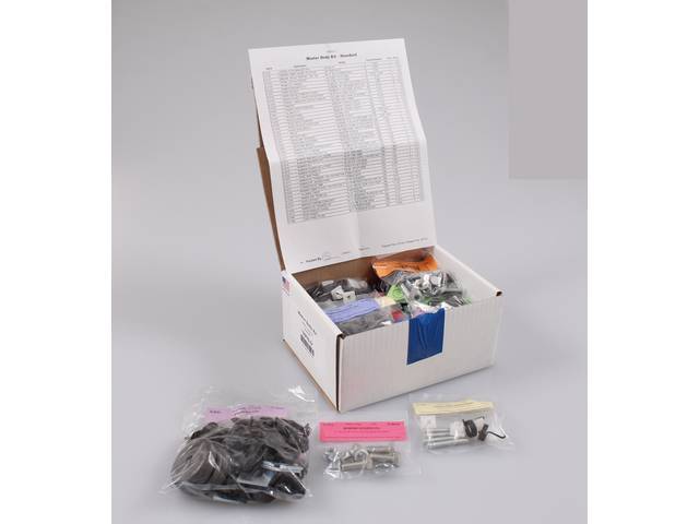 HARDWARE KIT, Master Body, correct fasteners to assemble vehicle sheetmetal in one kit at a discount over purchasing individual smaller kits, (421) incl OE style fasteners w/ correct color and markings