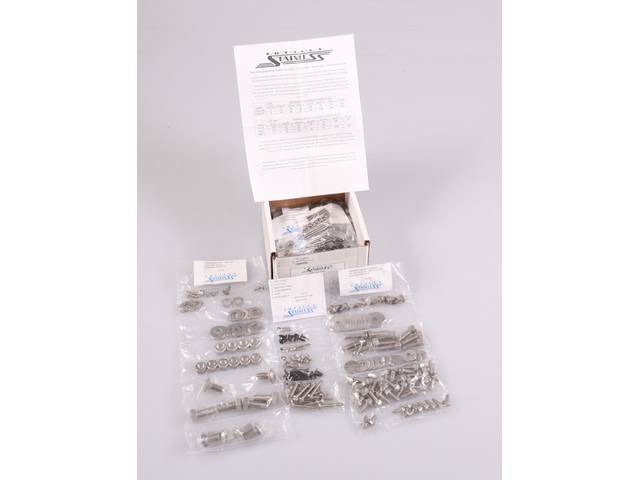 MASTER BODY HARDWARE KIT, Stainless, features indented hex head bolts (original style w/o markings), incl bolts for front body mount, bucket seats, bumpers, door hinges, door jambs, firewall and cowl, fenders (inner and outer), gas tank, gravel pan, grill