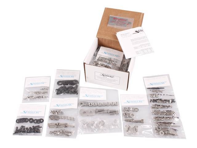 MASTER BODY HARDWARE KIT, Stainless, features indented hex head bolts (original style w/o markings) for front body mount, brake and fuel line, bumpers, bumper mounting, door hinges, door jambs, firewall, head light and front turn signals, heater and A/C c