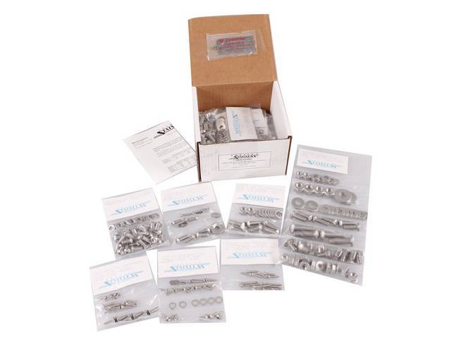 MASTER BODY HARDWARE KIT, Stainless, features button and socket head bolts for front body mount, brake and fuel line, bumpers, bumper mounting, door hinges, door jambs, firewall, head light and front turn signals, heater and A/C cover, fenders and inner f