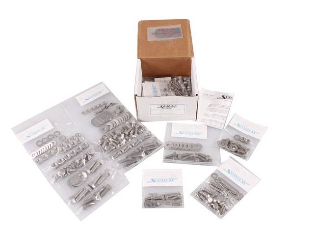 MASTER BODY HARDWARE KIT, Stainless, features indented hex head bolts (original style w/o markings) for front body mount, brake and fuel line, bumpers, bumper mounting, door hinges, door jambs, firewall, head light and front turn signals, heater and A/C c