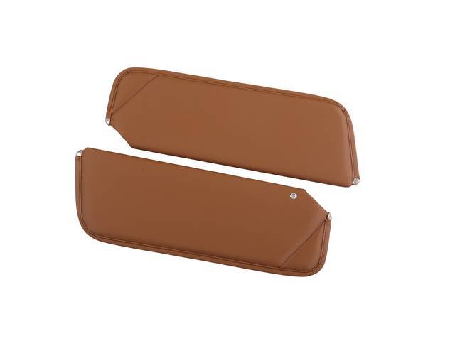 SUNVISOR SET, Saddle / Tan, Non Perforated Grain, 1 Pin Style w/ set screw (screw will face down on RH side, up on LH side, just like original), Repro