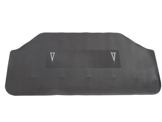 TRUNK MAT, Accessory, molded rubber, black w/ two silver Pontiac *Arrowhead* marques, will req trimming for spare tire / jack support, repro