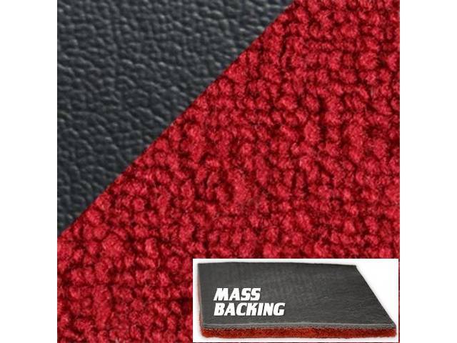 CARPET, MASS BACKED RAYLON WEAVE, RED WITH 2 BLACK HEEL PADS