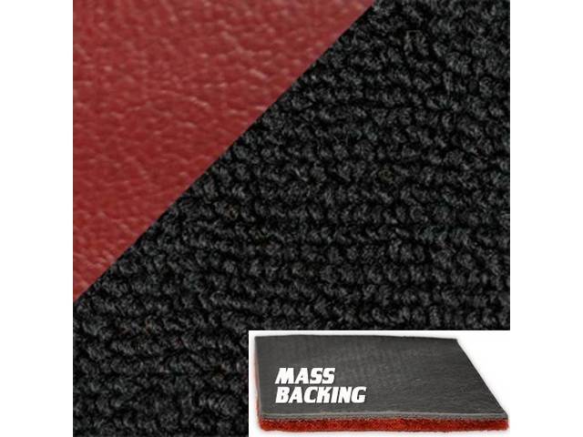 CARPET, MASS BACKED RAYLON WEAVE, BLACK WITH 4 RED INSERTS
