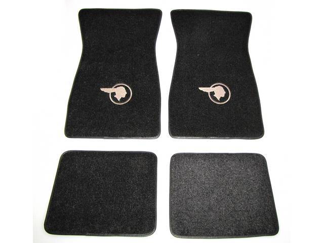 FLOOR MATS, Carpet, raylon (loop style), black w/ *Indian Head* design in silver, (4)