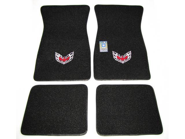 FLOOR MATS, Carpet, Raylon (Loop Style), Black w/ *Flaming Bird* design in red and silver, (4)