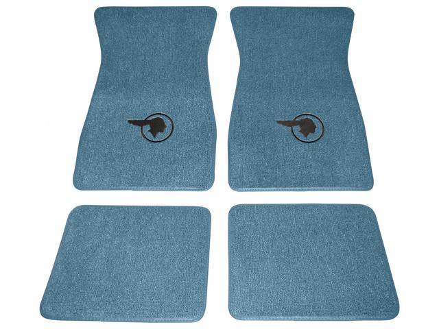 FLOOR MATS, Carpet, Raylon (Loop Style), Medium Blue w/ *Indian Head* design in black, (4)